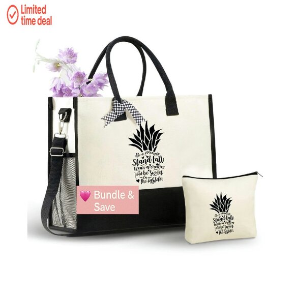 Large Canvas Tote Bag with Zipper, Pockets, Detachable Strap, Makeup Pouch - Picture 1 of 8